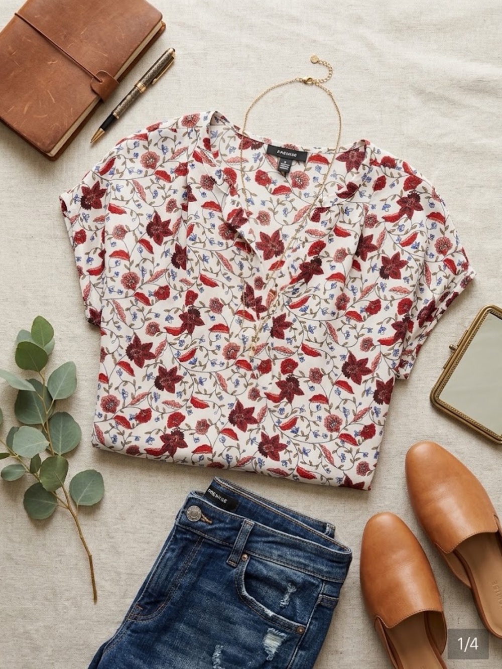 White Short-Sleeve Floral Blouse with Red Print